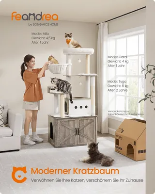 A woman is interacting with a multi-level cat tree in a living room setting, with cats present on the structure and floor.