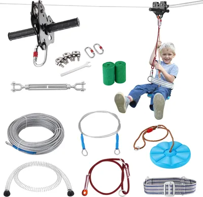 Produktbild von VEVOR Zipline zip line, 48,77 m zip line pro děti, sada zip line pro děti a dospělé do 226,8 kg, sada zip line na zahradu s vylepšeným pružinovým brzdovým systémem, zip line na zahradu, pro venkovní použití atd.