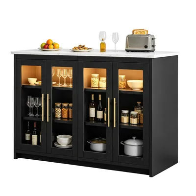 Produktbild von YITAHOME kücheninsel mit arbeitsplatte, Steckdose und LED-Beleuchtung, Frühstückstisch Doppelschrank Küchenschrank, 130 x 60 x 88 cm, Schwarz+Weiß
