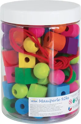 Imagen del producto de Maxiperle, cuentas de madera de colores con cordón, 92 unidades, en un recipiente de plástico de 10x14 cm