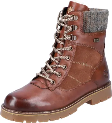 A single brown leather boot with a knitted cuff and laces, isolated on a white background.