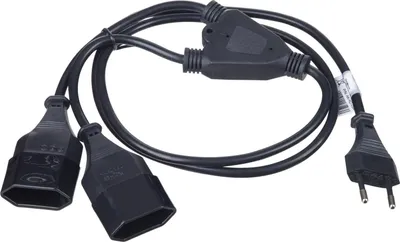 A black Y-splitter power cable with a European plug and two female connectors.