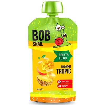 Zdjęcie produktu dla SMOOTHIE BANAN - ANANAS - MANGO BEZ DODATKU CUKRÓW 120 g - BOB SNAIL