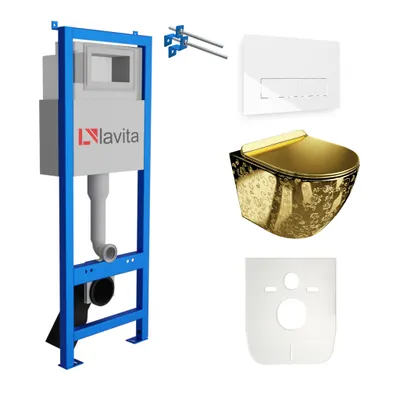 Produktbild von Lavita LAV 101 Vorwandelement für WC 40cm + Wand Hänge Tiefspül WC SOFI SLIM GOLDEN EYE Spülrandlos + Bedienplatte LAV 200.3.1 Weiß | Komplettset | Unterputz Spülkasten | Toilette Komplett Sett
