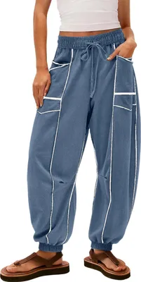 Image de ASKSA Damen Hose Trainingshose Kordelzug Baggy Jogginghose Y2K Patchwork Loose Fit Stretch High Waist Streetwear Sporthose (Blau,S)