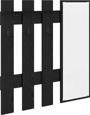 A black wooden coat rack with a mirror attached to the side.