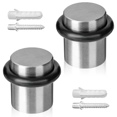 Image de Butée de porte sur pied à visser, 2 butées de porte en acier inoxydable Ø 20 x 25 mm, finition brossée, vis et chevilles incluses.