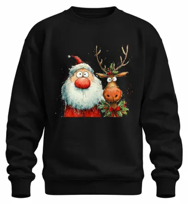 Produktbild von Lustiger Weihnachtsmann Rentier Aquarell Santa Claus Rudolph Sweatshirt Pullover, Schwarz, L