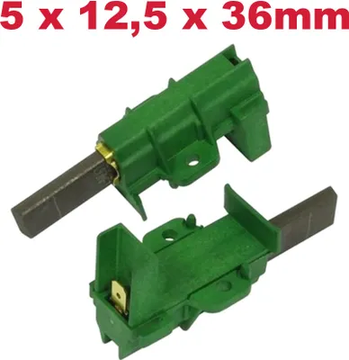 Two green motor brushes with carbon inserts and metal connectors, shown against a white background.