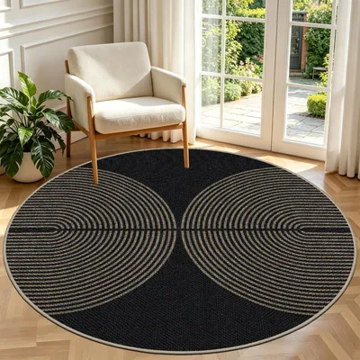 Image de Tapis rond look jute - Lavable et antidérapant, 160 cm, Noir/Naturel