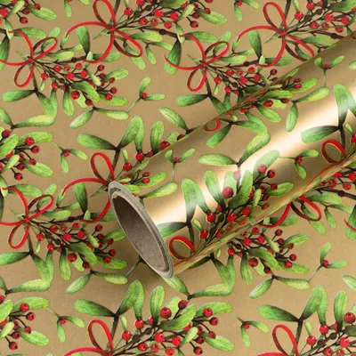 Imagen del producto de Papel de regalo para Navidad, ramas de muérdago, dorado, 0,70 x 10 m