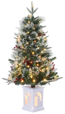 Image de Arbre de Noël artificiel enneigé, 90 cm (3 pieds), avec des branches denses de sapin/épicéa, éclairage LED et extrémités des aiguilles enneigées. Montage à charnière, avec un pied en métal