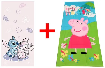 Produktbild von Lilo und Stitch + Peppa Wutz, Cartoon, Alien, Schweinchen, Badetuch, Strandtuch, Badetextilien, 70 x 140 cm, 100% Baumwolle, 2er-Set