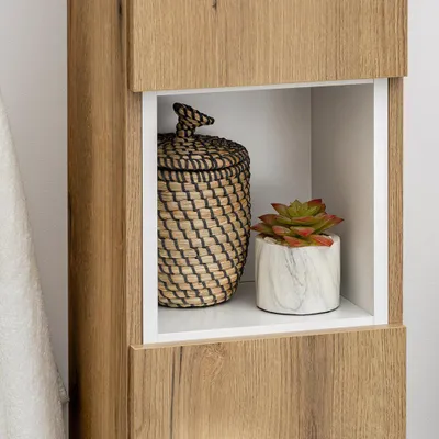 Produktbild von Hochschrank mit Regaleinsatz, Eiche und weiß - NEWPORT-56-OAK