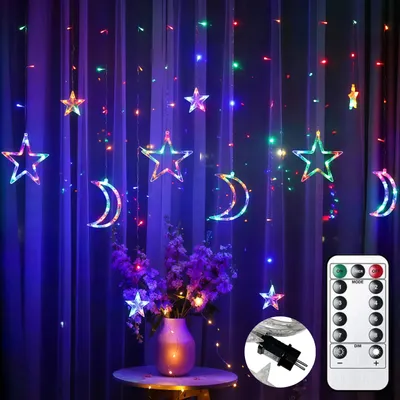 Produktbild von LED Sterne Monde Lichtervorhang Lichterkette – 128 LEDs, 8 Lichtmodi, Fernbedienung, Dimmbar & Timer, IP44, Party Fenster Garten Balkon Weihnachten