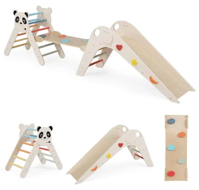 Produktbild von COSTWAY Kletterdreiecke Set, faltbares Montessori-Kletterset aus Holz mit Panda-Motiv, Rutsche, Rampe, Kletterleiter&Cartoon-Blöcken, für Kinder 3+