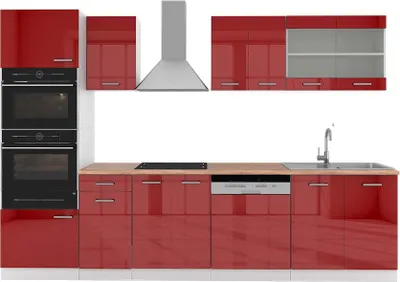 Produktbild von Küchenzeile Vicco R-Line Rot Hochglanz 300 cm mit Hochschrank, AP Eiche, Model 42343