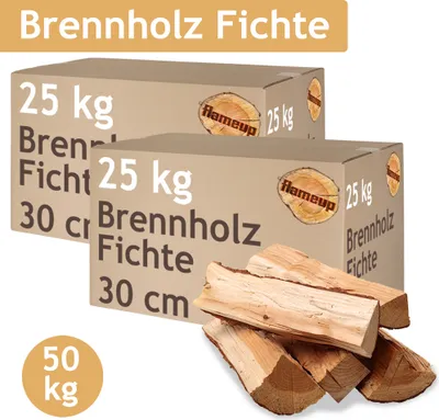 Obrázek produktu pro Palivové dřevo Smrk Palivové dřevo 50 kg Dřevo 30 cm Pro kamna a krb Ohnivá mísa Gril Palivové dřevo Polena Komorově sušené dřevo Flameup