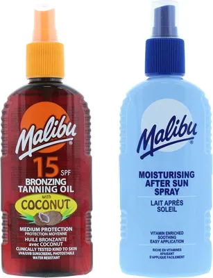 Productafbeelding van Malibu zonnebrandolie met kokos SPF15 200 ml + aftersun spraylotion 200 ml Bruiningsset