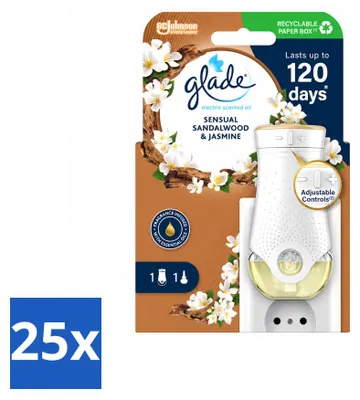 Imagen del producto de 25 unidades de difusor eléctrico para aceites esenciales Glade, aroma de sándalo y jazmín, pack económico