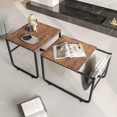 Produktbild von Famanu Beistelltisch-Set 2er Set Schwarz Metall 2 Größen Quadratisch Holzoptik mit Stoffablage