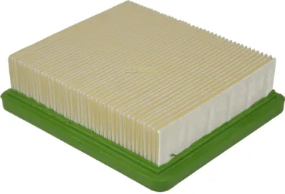 A square-shaped air filter with a beige pleated filter medium and a green plastic frame.