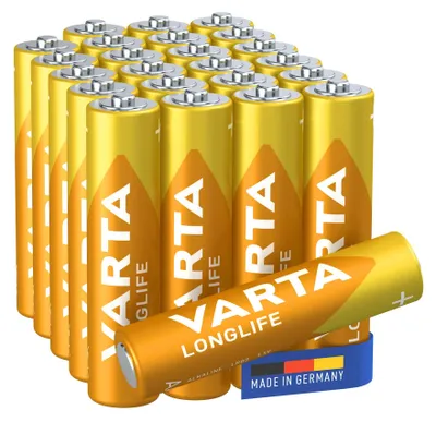 Produktbild von Varta Batterien AAA, 24 Stück, Longlife, Alkaline, 1,5V, Cube, ideal für Fernbedienungen, Wecker, Radios, Wanduhren, Verpackung zu 90% recycelt, Germany, Einwegbatterie, Alkali, 1,5 V, 24 Stück(e), 1,5 V, 10 Jahr(e)