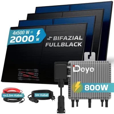 Produktbild von SUNNIVA® 2000W Balkonkraftwerk BIFAZIAL FULLBLACK komplett Steckdose DEYE 800W Wechselrichter, PV Solaranlage, 5m Kabel, Bluetooth WIFI