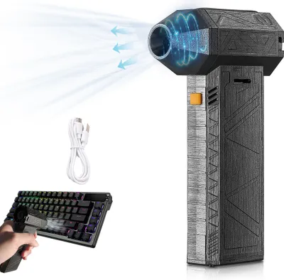 A handheld electric air duster is shown being used to clean a keyboard, with a charging cable and the air duster itself also displayed.