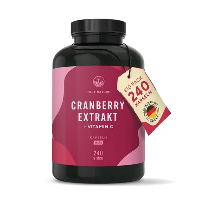 Produktbild von Cranberry Extrakt + Vitamin C - 240 Cranberry Kapseln hochdosiert - Vegan & ohne Zusätze - True Nature