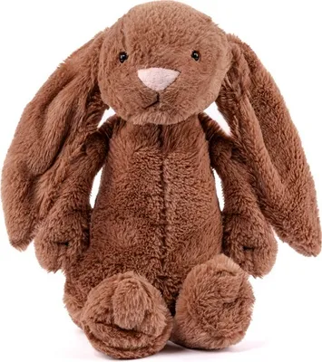 A brown plush bunny toy is sitting upright against a white background.
