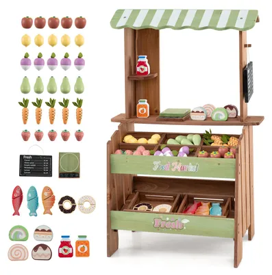 Produktbild von COSTWAY Kinder Kaufladen, Spielzeug Marktstand mit 6 Fächern, 2 Boxen, Waage, Kreidetafel & 43 Zubehörteilen, Rollspiel Kaufmannsladen für Kinder 3+