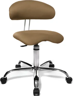 A studio shot of a brown ergonomic office chair with a chrome base and wheels.