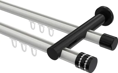 Produktbild von Interdeco Innenlaufstange / Gardinenstange mit Innenlauf Weiß / Schwarz, Typ Platon Estana (Glitzerkappe), 20 mm Ø 2-läufig, 480 cm