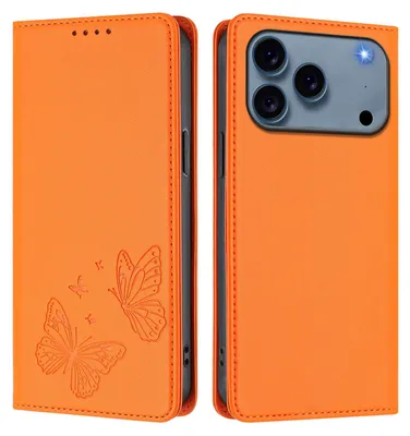 Produktbild von Lederhülle für iPhone 17 Pro Max, Schmetterling Prägung Leder Brieftasche Schutzhülle mit Ständer Orange