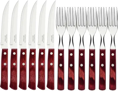 Immagine prodotto di Tramontina STEAK-/PIZZA Besteck Set, 12-tlg., Steakmesser, Steakgabel, Messer, Gabel, Edelstahl / Holz, Rot, 29899-219