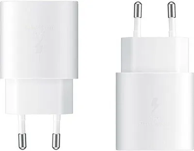 Two white USB-C power adapters are shown against a white background.