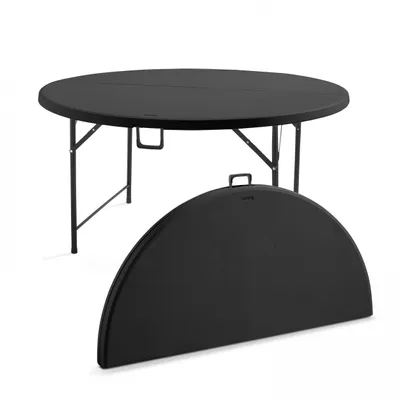 A black round folding table and its folded case are shown against a white background.
