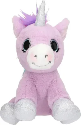 A plush unicorn toy sitting down.