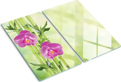 Imagen del producto de Placa de protección de vidrio – Cubierta para placa de cocina – Cubierta para placa de inducción – 2 unidades de 30x52 cm – Limpieza fácil – Vidrio templado – Diseño de orquídea y bambú