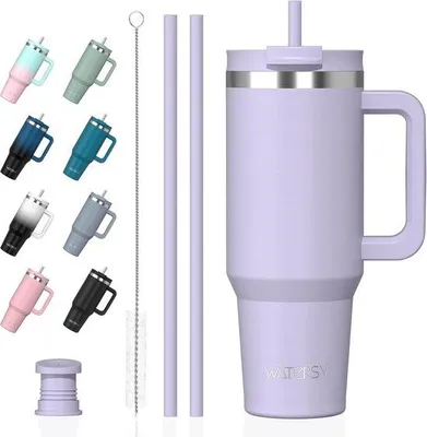 Produktbild von Thermobehälter 891 ml mit Griff und 2 Trinkhalmen – 30 oz Trinkbecher, vakuumisoliert, aus Edelstahl – auslaufsicherer Deckel – hält Getränke warm und kalt