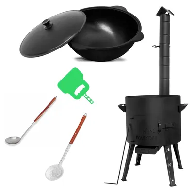 Produktbild von Ø44cm Uchag 2mm Stahl Abzugsrohr 22L Kazan Gusseisen WOK Kasan Utschak Feuerstelle Utschag Campingofen Feldküche Außenküche Eintopfofen mit Schaumkelle Suppenkelle Grillfächer