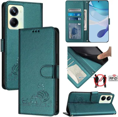 Produktbild von Leder Hülle für Realme 10 Pro 5G Süße Katze Flip Case Brieftasche Schutzhülle mit Standfunktion Grün
