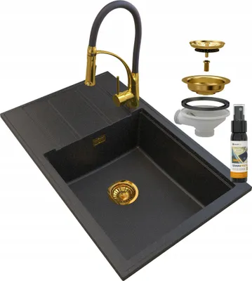 Obrázek produktu pro Granitan | Granitový dřez LOUIS GOLD - Černý se zlatými částečkami - Vestavný s odkapávačem - Moderní design