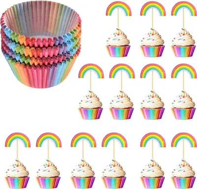 Produktbild von Muffinförmchen Papier, 2 Boxen mit 12 Regenbogen Deko Cupcake Topper, Ideal für Kindergeburtstag, Baby Shower und Hochzeit, Regenbogen Deko Muffinförmchen für Party Desserts