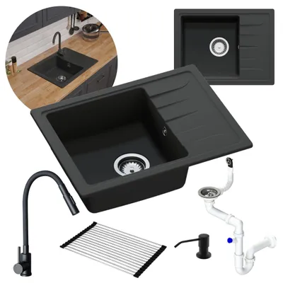 Produktbild von GranMaster Gracia Granitspülbecken Komplett-Set, Doppelfunktion Wasserhahn, Siphon, Rollmata und Seifenspender, 1-komoriger Spülbecken, kratzfest