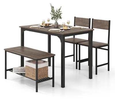 Produktbild von Esstisch Set 4-teilig mit 2 Stühlen & Bank, Aufbewahrungsregal, Metallgestell, Industriedesign, Grau