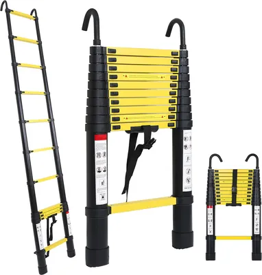 Obrázok produktu pre SWANEW Teleskopický rebrík s hákom Výsuvný rebrík do 150 kg Stabilný hliníkový rebrík čierny + žltý 3,2 m