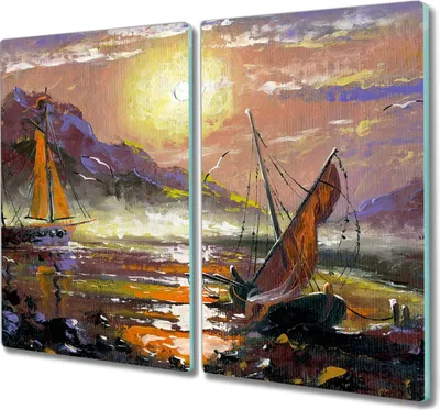 Produktbild von Coloray Herdabdeckplatte 2x30x52 cm Schneidebrett Kochplattenabdeckung Küchenbrett Hackbrett - Malerei Boote