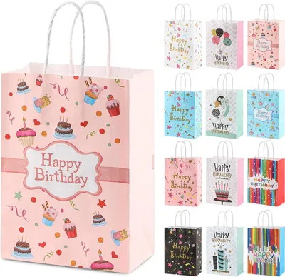 Produktbild von Kindergeburtstag Geschenktüten, 12 Stück Geburtstag Geschenktüten, Bunte Geburtstagstüten, Geburtstag Geschenktüten aus Kraftpapier, Papiertasche mit Henkel für Geburtstagsfeier Geschenken